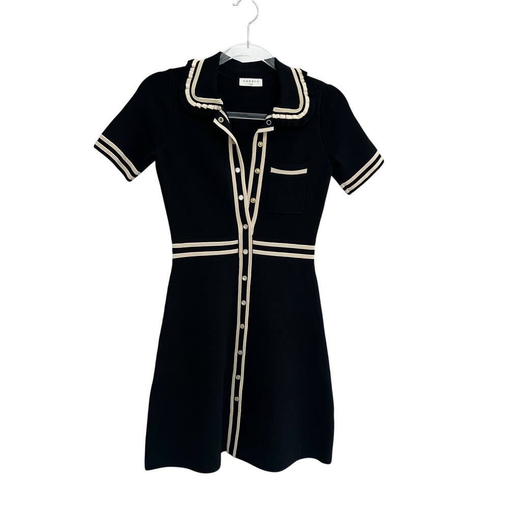 Sandro Black Short-Sleeve Mini Dress with Cream Trim